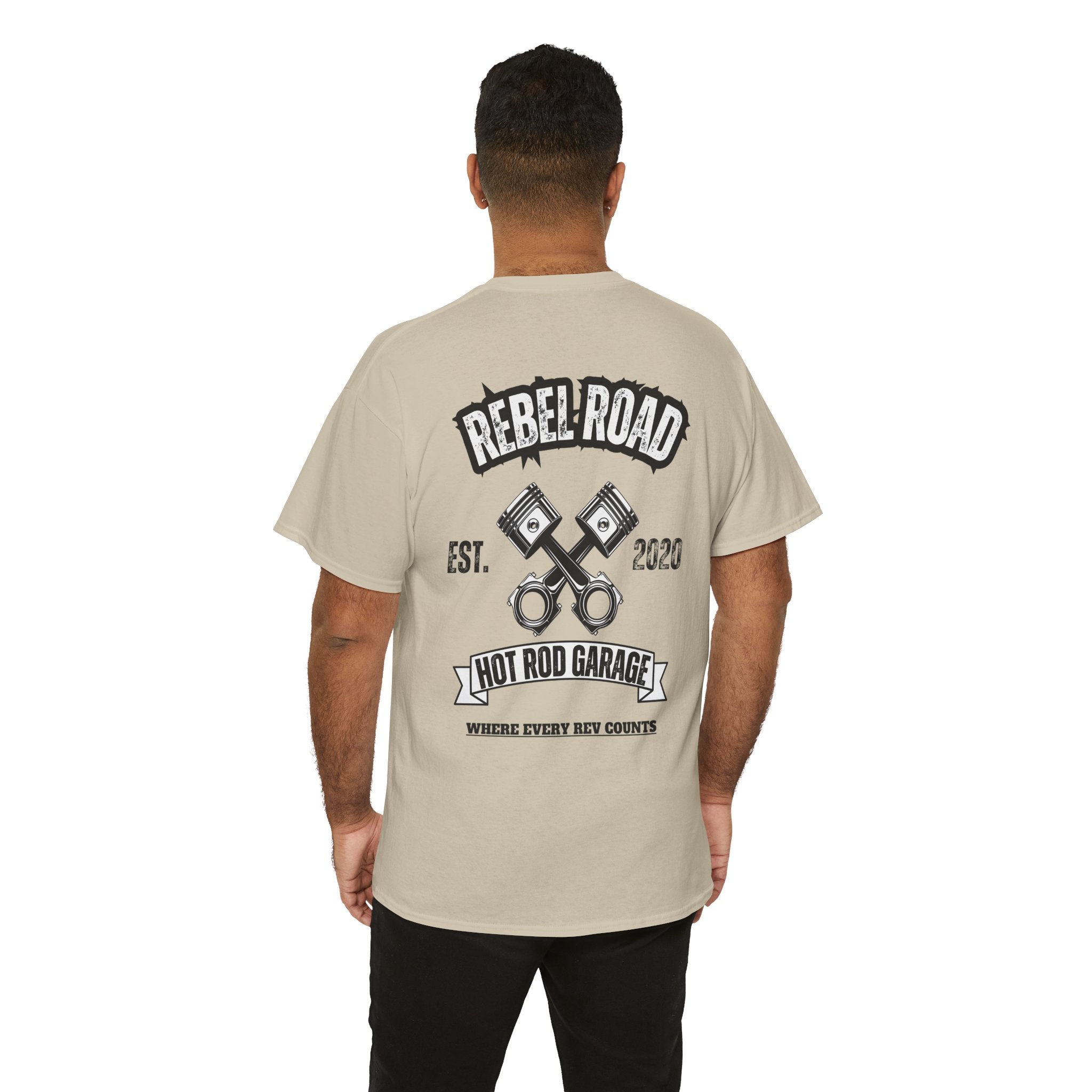 Hot Rod Garage T‑Shirt — Rebel Road Pistons Tee (Est. 2020)