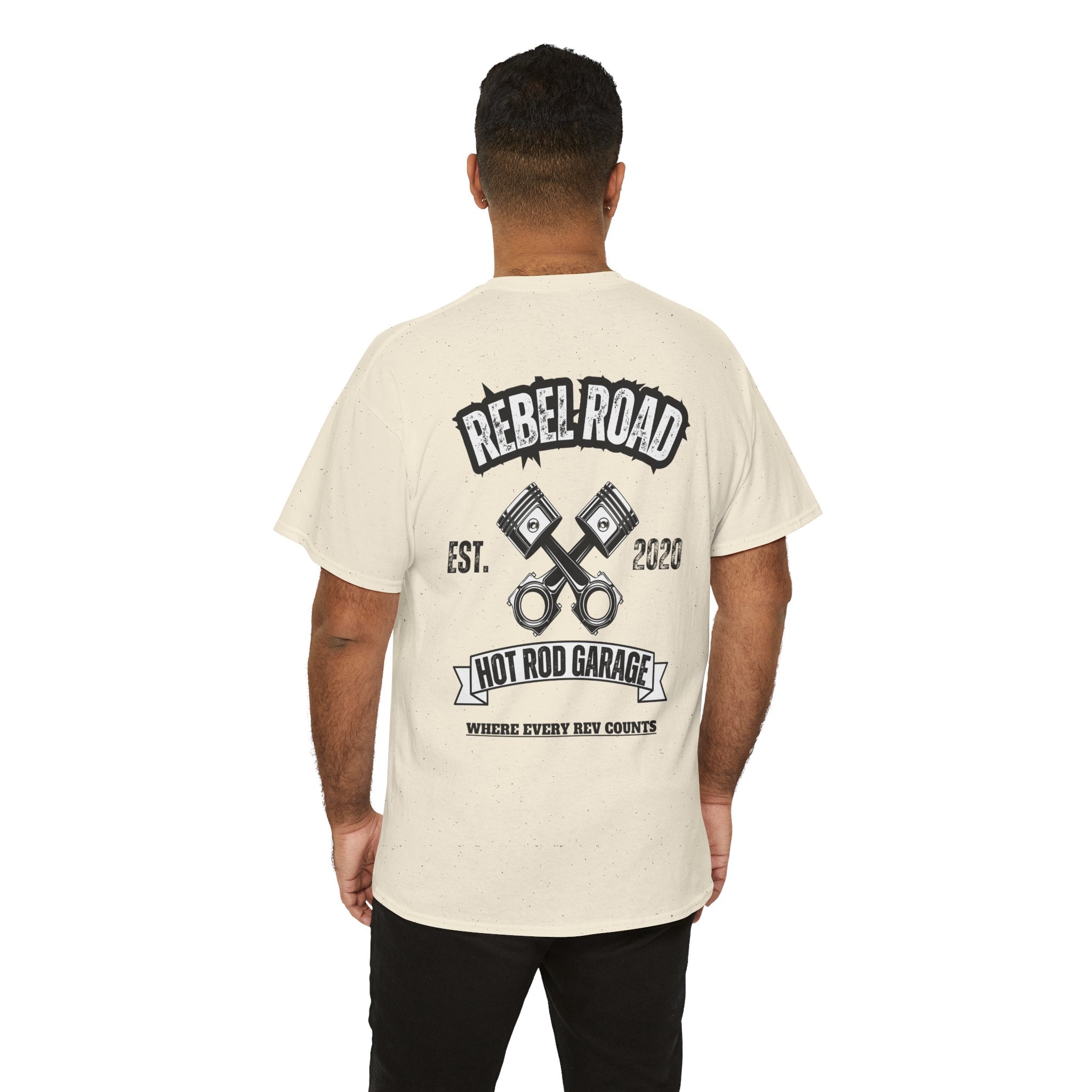 Hot Rod Garage T‑Shirt — Rebel Road Pistons Tee (Est. 2020)