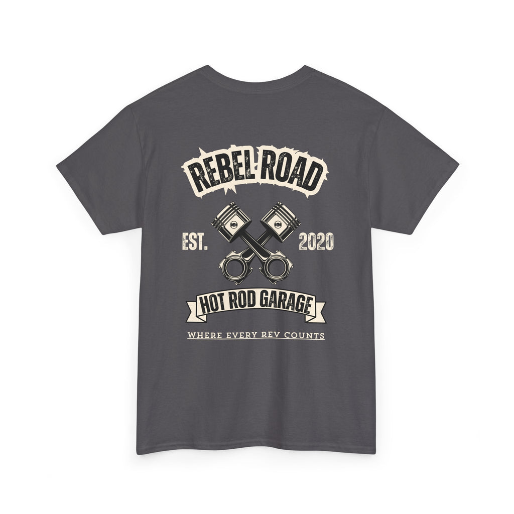 Rebel Road Hot Rod Garage T-Shirt — "Where Every Rev Counts" Classic Car Tee