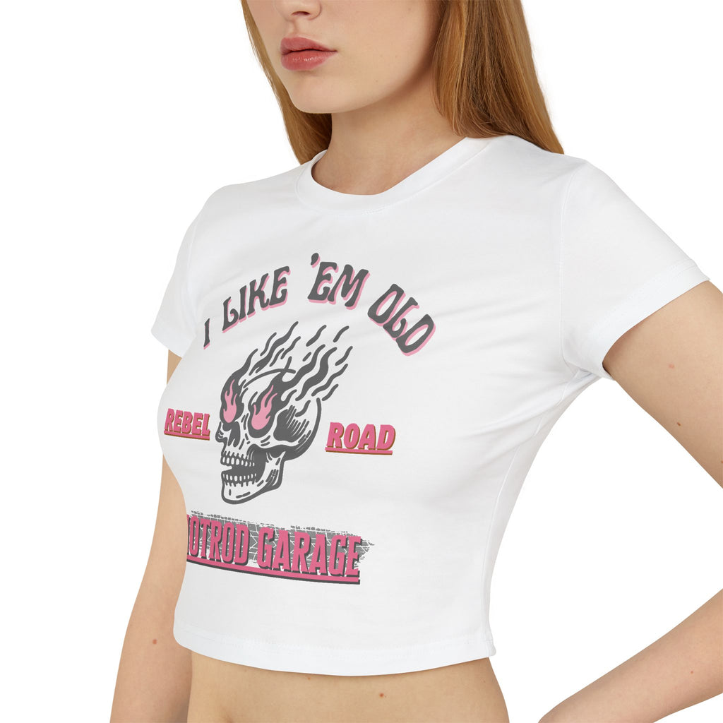 Women's Baby Tee — 'I Like 'Em Old' Flaming Skull Hotrod Garage Tee