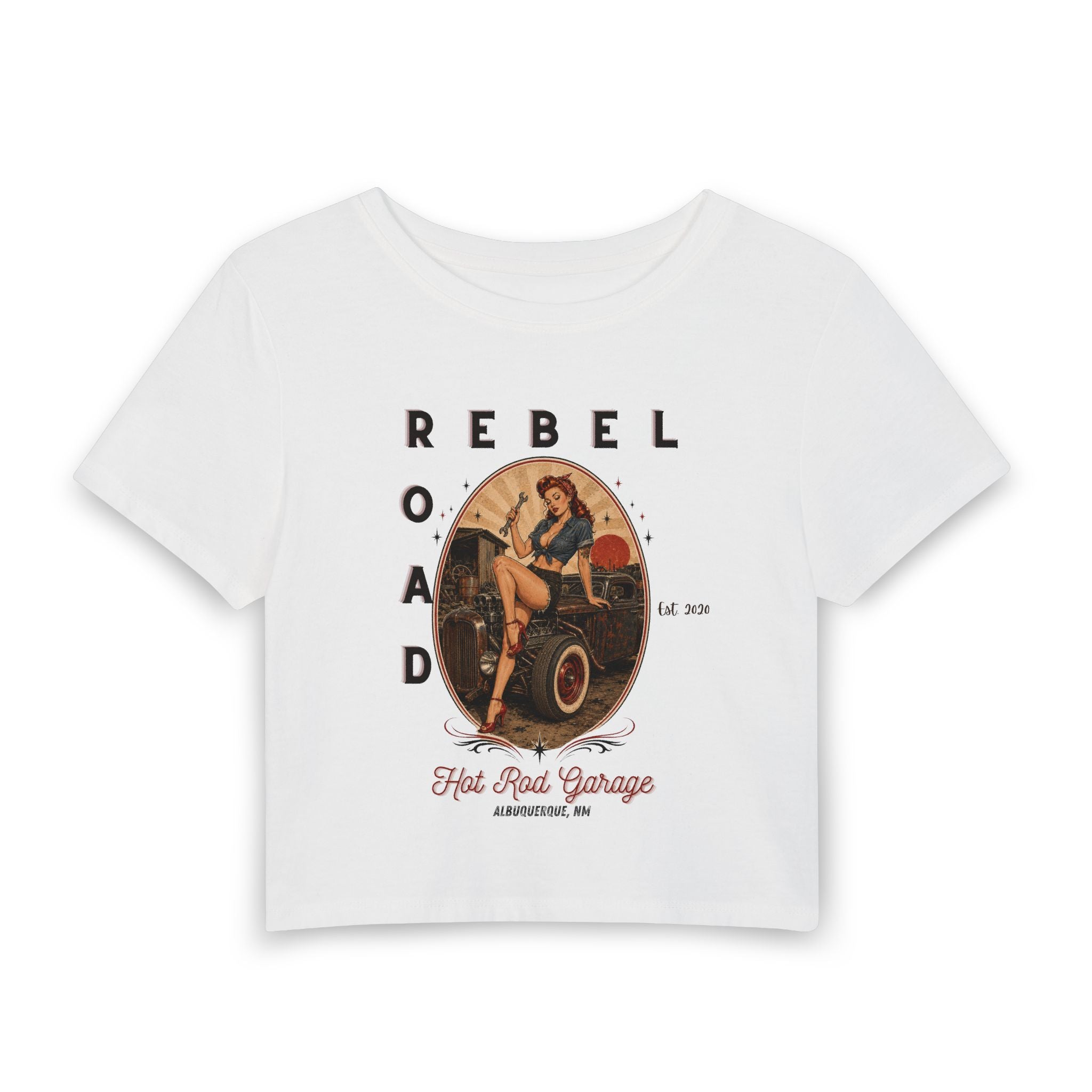 Rebel Road Women’s Baby Tee — Vintage Pinup Hot Rod Garage Graphic