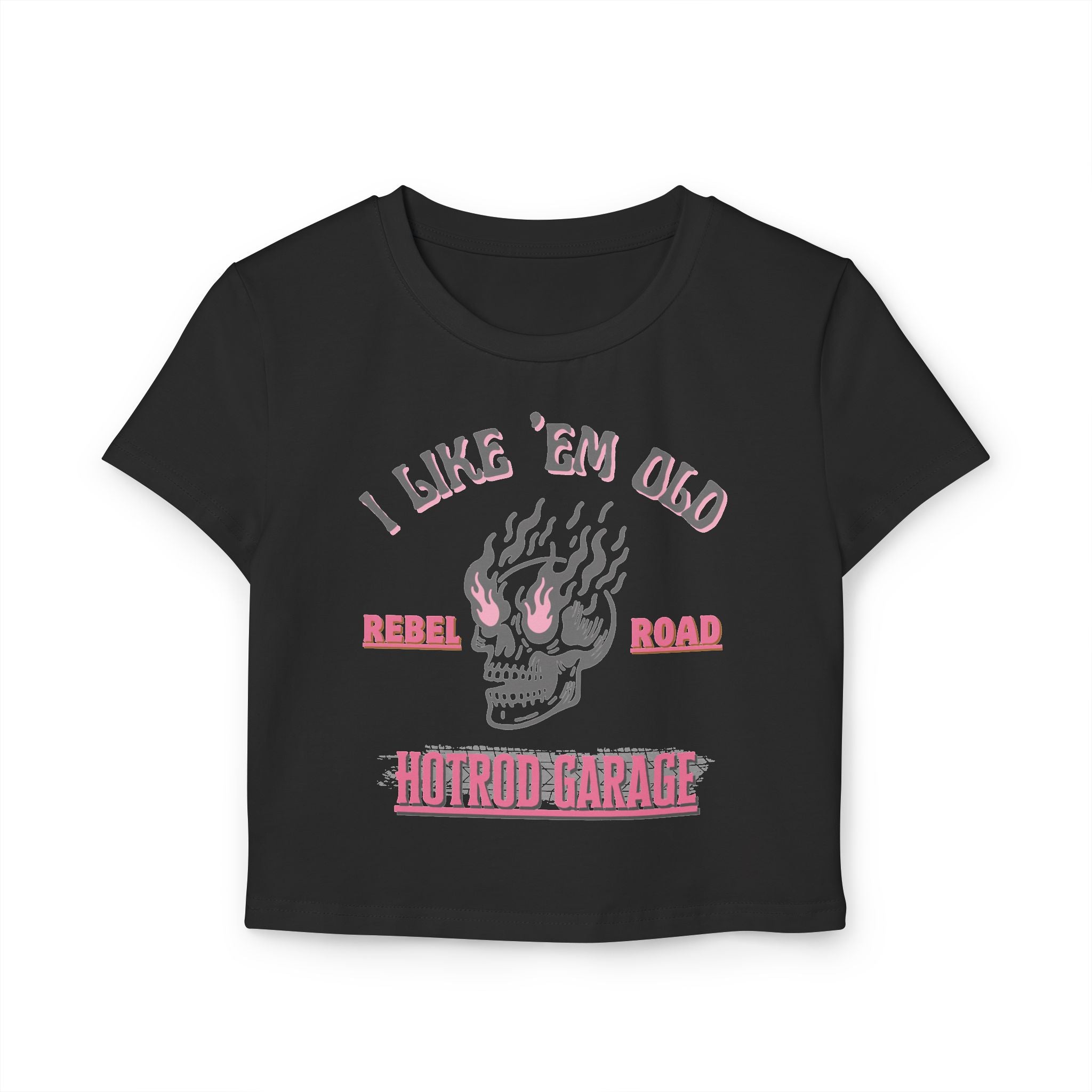 Women's Baby Tee — 'I Like 'Em Old' Flaming Skull Hotrod Garage Tee