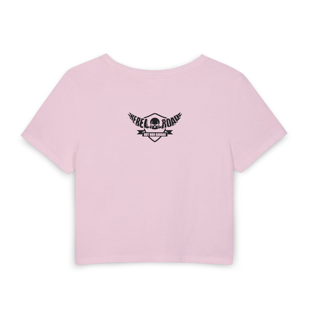 Rebel Road Women’s Baby Tee — Vintage Pinup Hot Rod Garage Graphic
