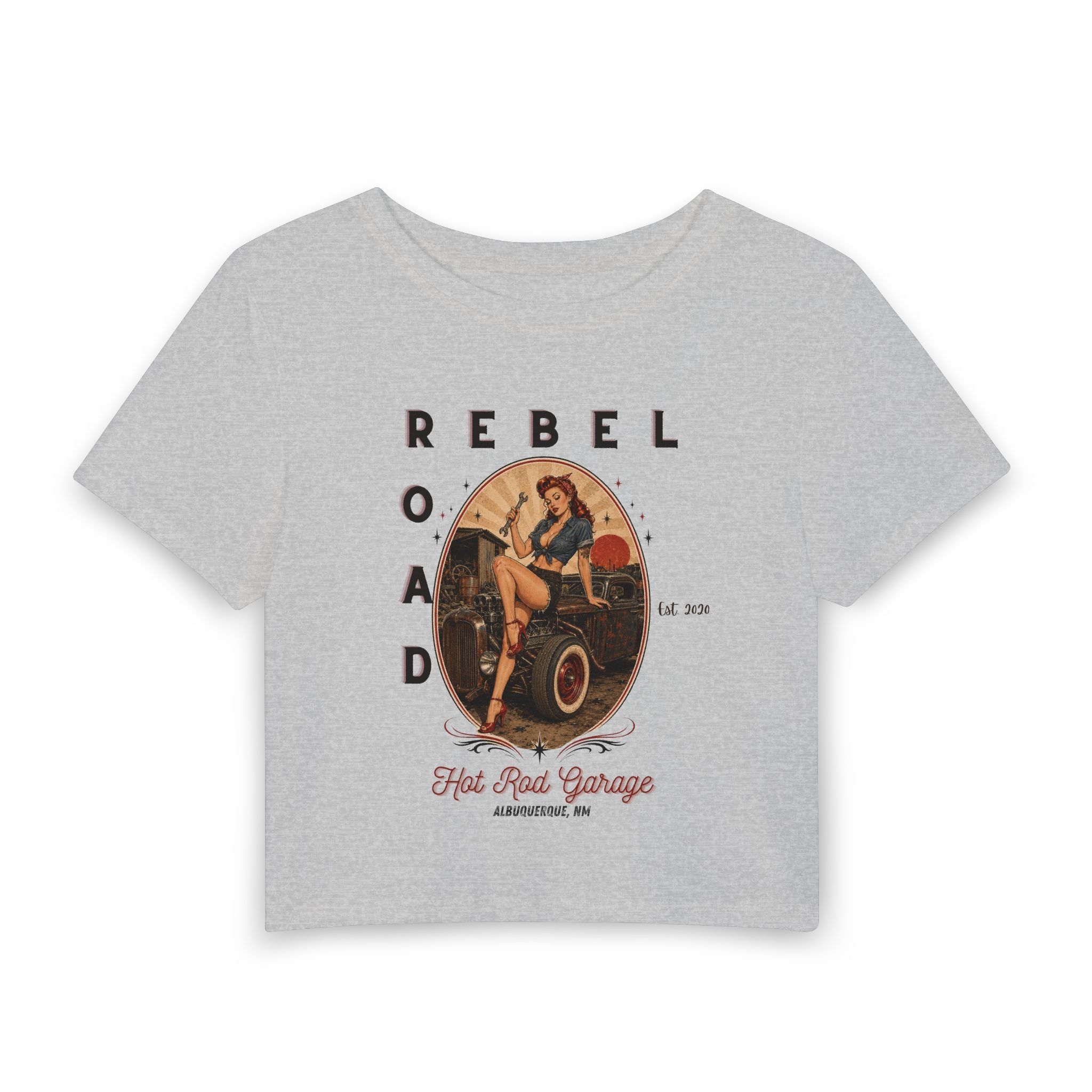 Rebel Road Women’s Baby Tee — Vintage Pinup Hot Rod Garage Graphic