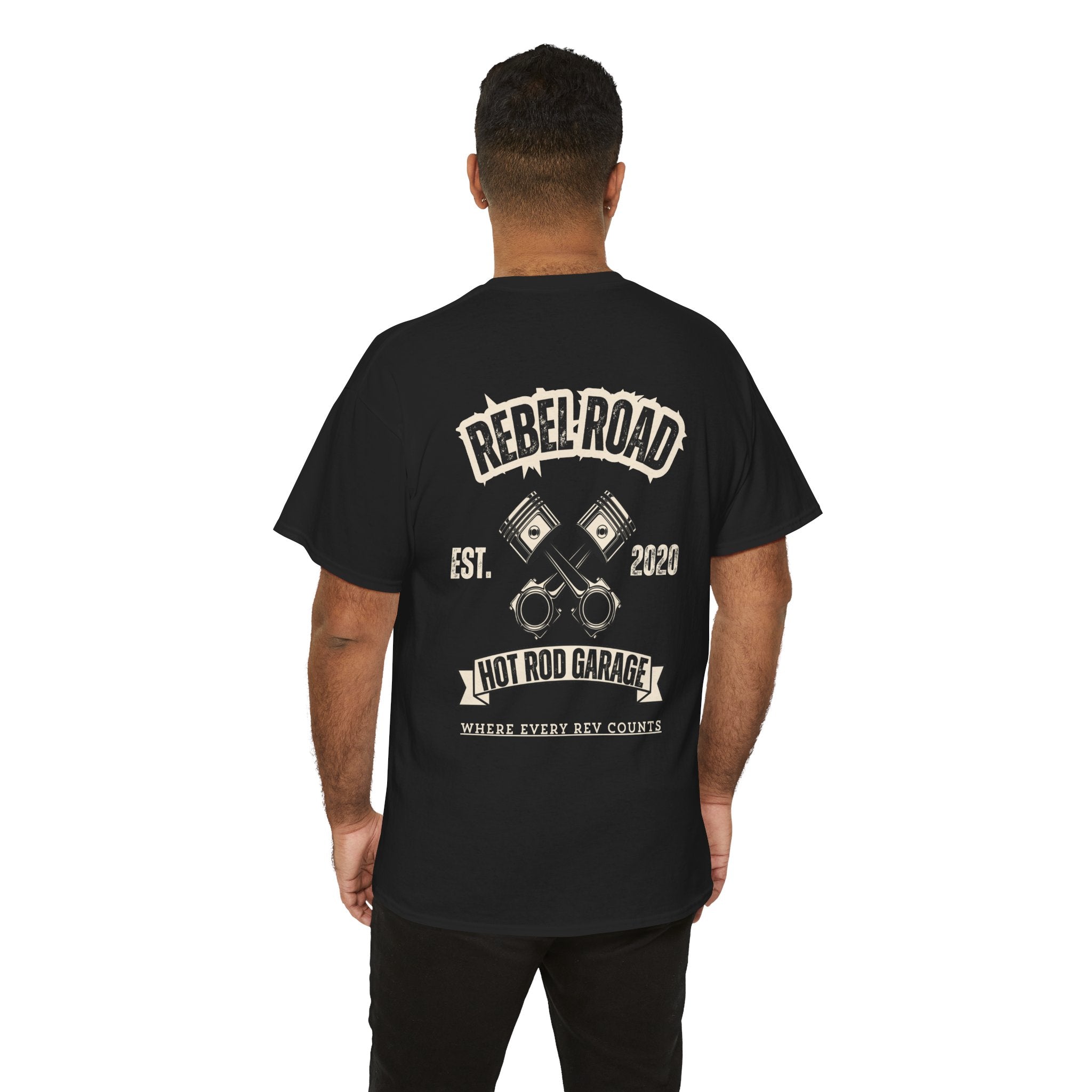 Rebel Road Hot Rod Garage T-Shirt — "Where Every Rev Counts" Classic Car Tee