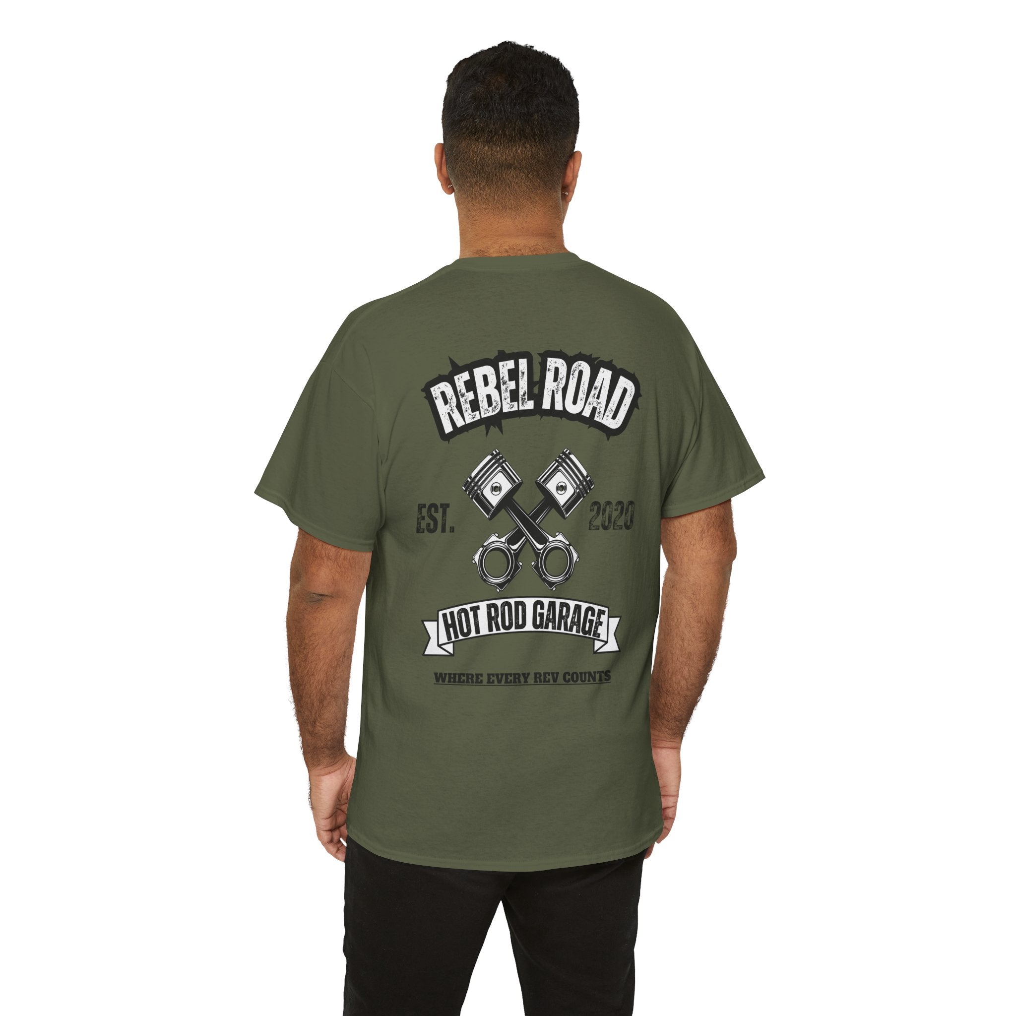 Hot Rod Garage T‑Shirt — Rebel Road Pistons Tee (Est. 2020)