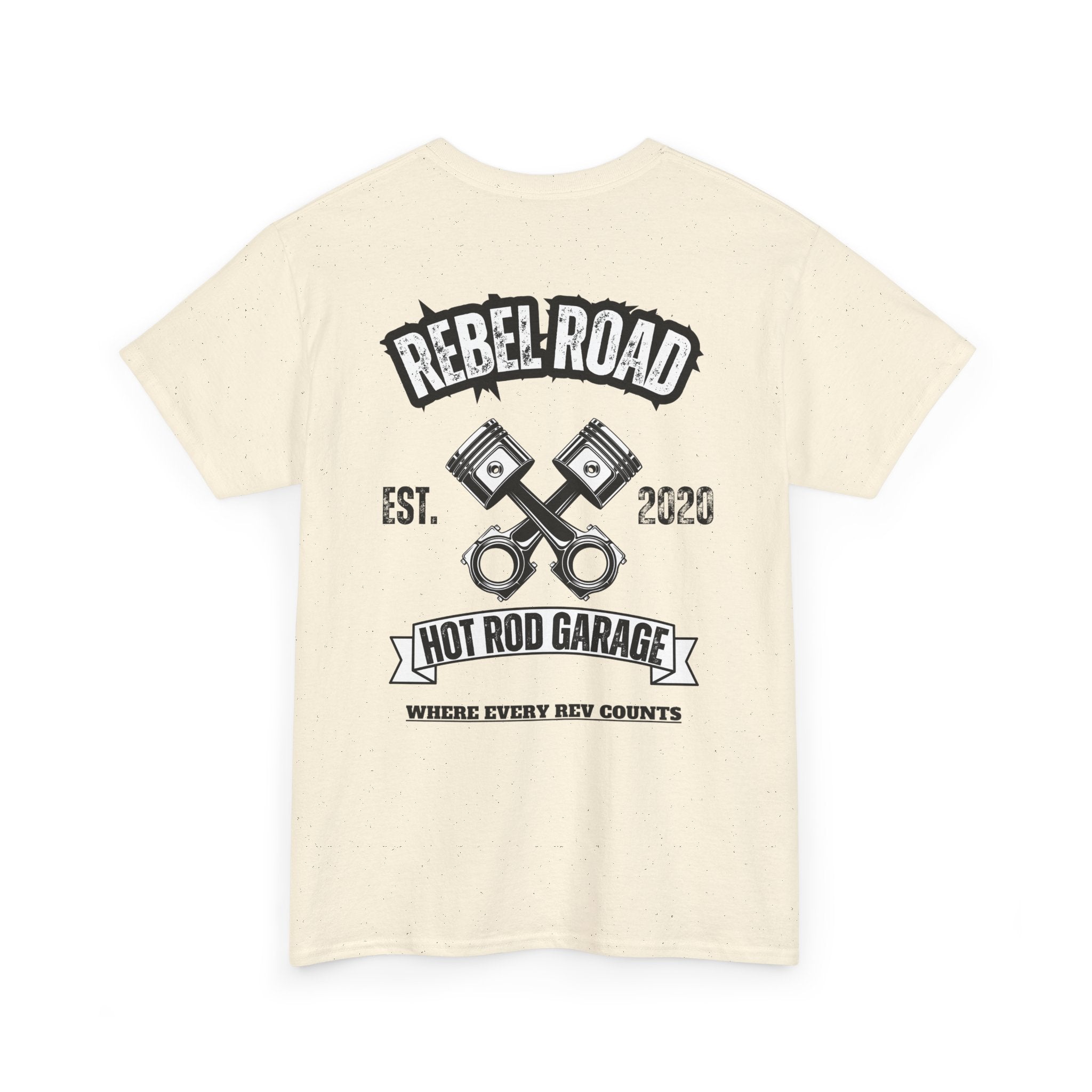 Hot Rod Garage T‑Shirt — Rebel Road Pistons Tee (Est. 2020)