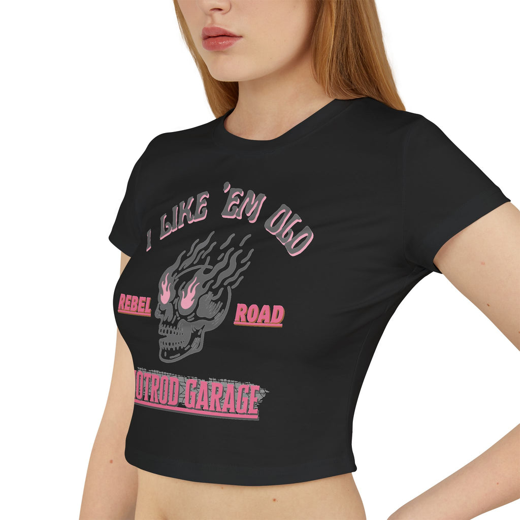 Women's Baby Tee — 'I Like 'Em Old' Flaming Skull Hotrod Garage Tee