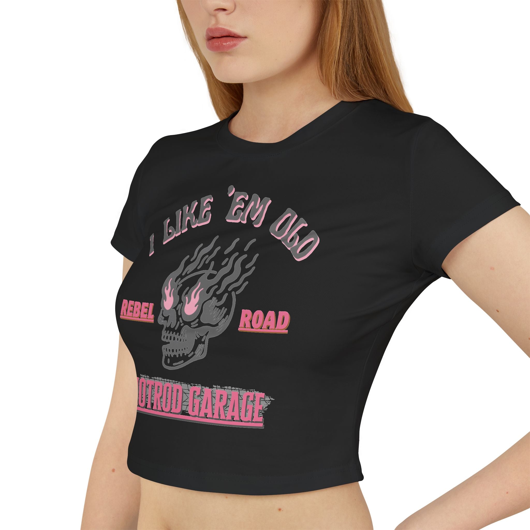 Women's Baby Tee — 'I Like 'Em Old' Flaming Skull Hotrod Garage Tee