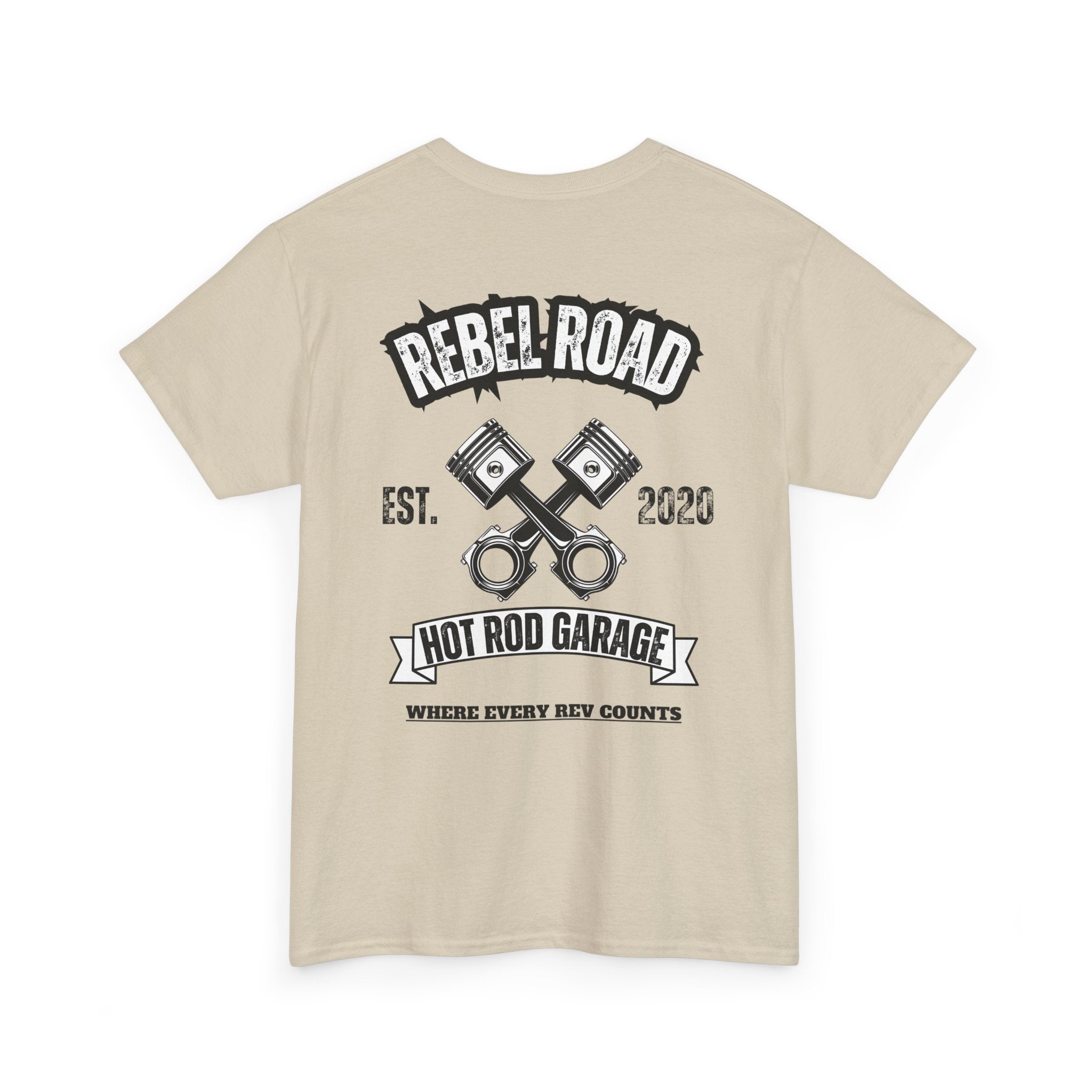 Hot Rod Garage T‑Shirt — Rebel Road Pistons Tee (Est. 2020)