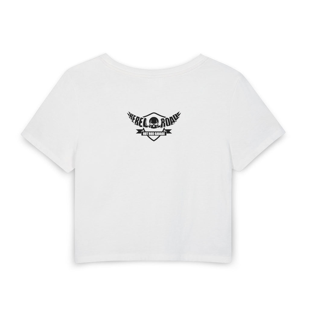 Rebel Road Women’s Baby Tee — Vintage Pinup Hot Rod Garage Graphic
