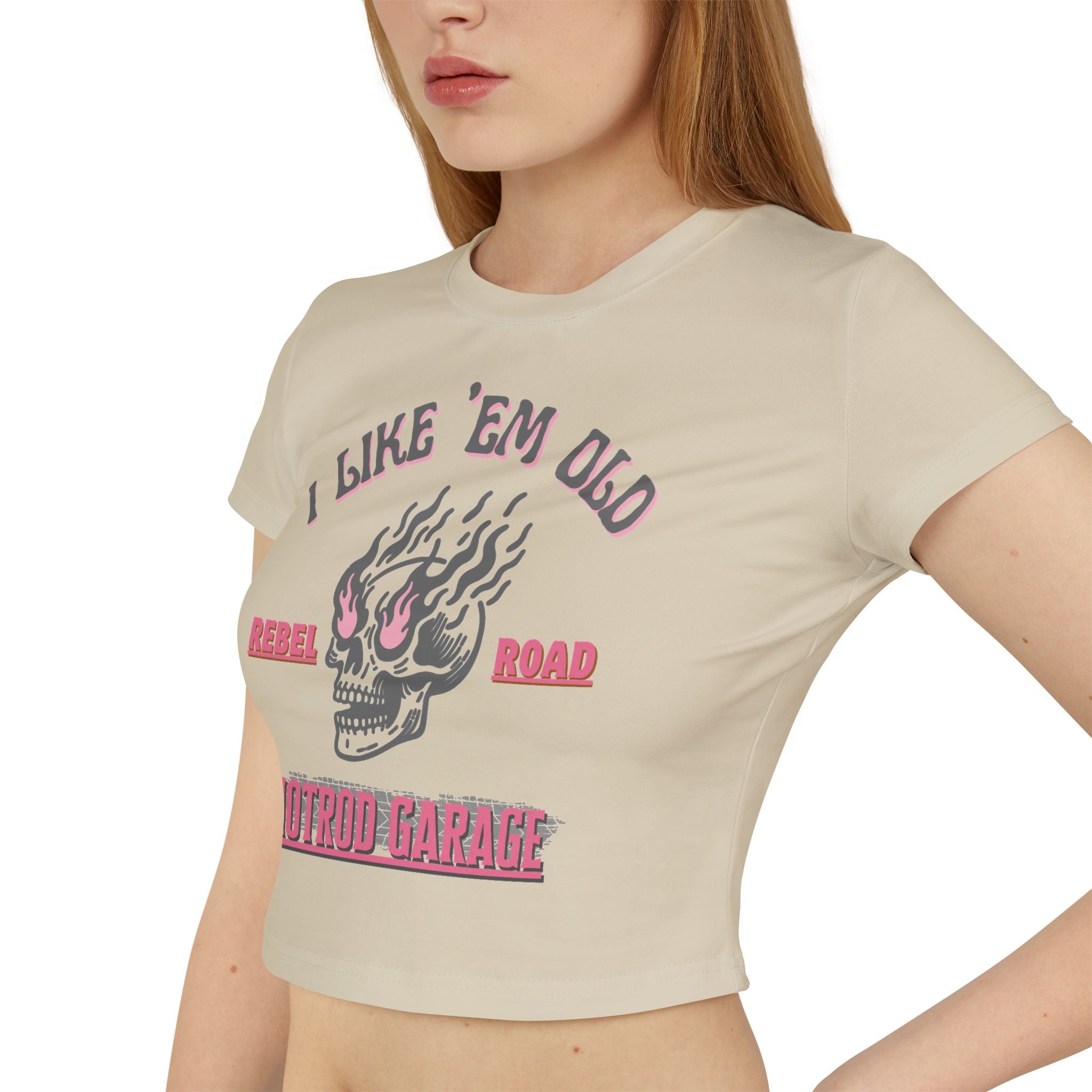 Women's Baby Tee — 'I Like 'Em Old' Flaming Skull Hotrod Garage Tee