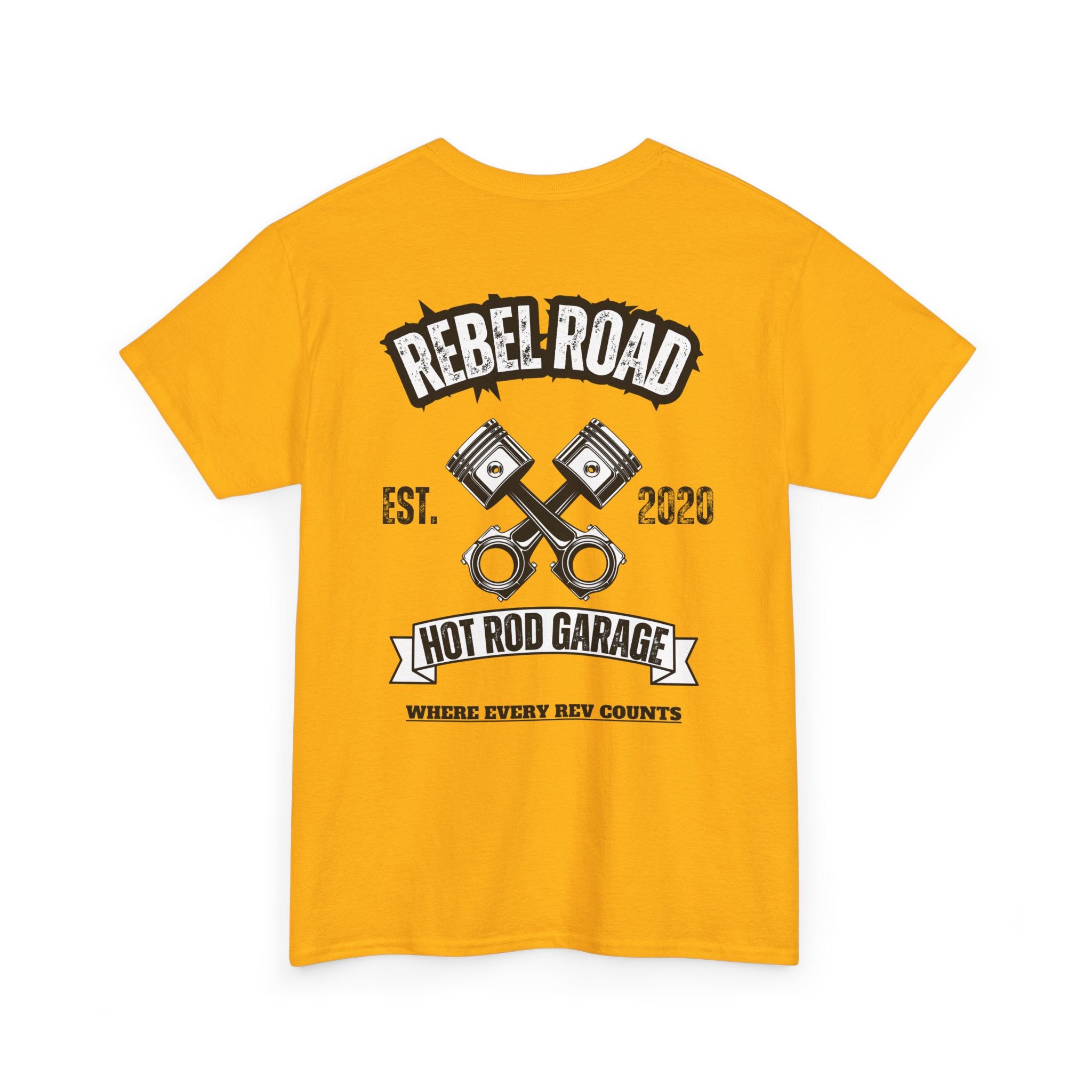 Hot Rod Garage T‑Shirt — Rebel Road Pistons Tee (Est. 2020)