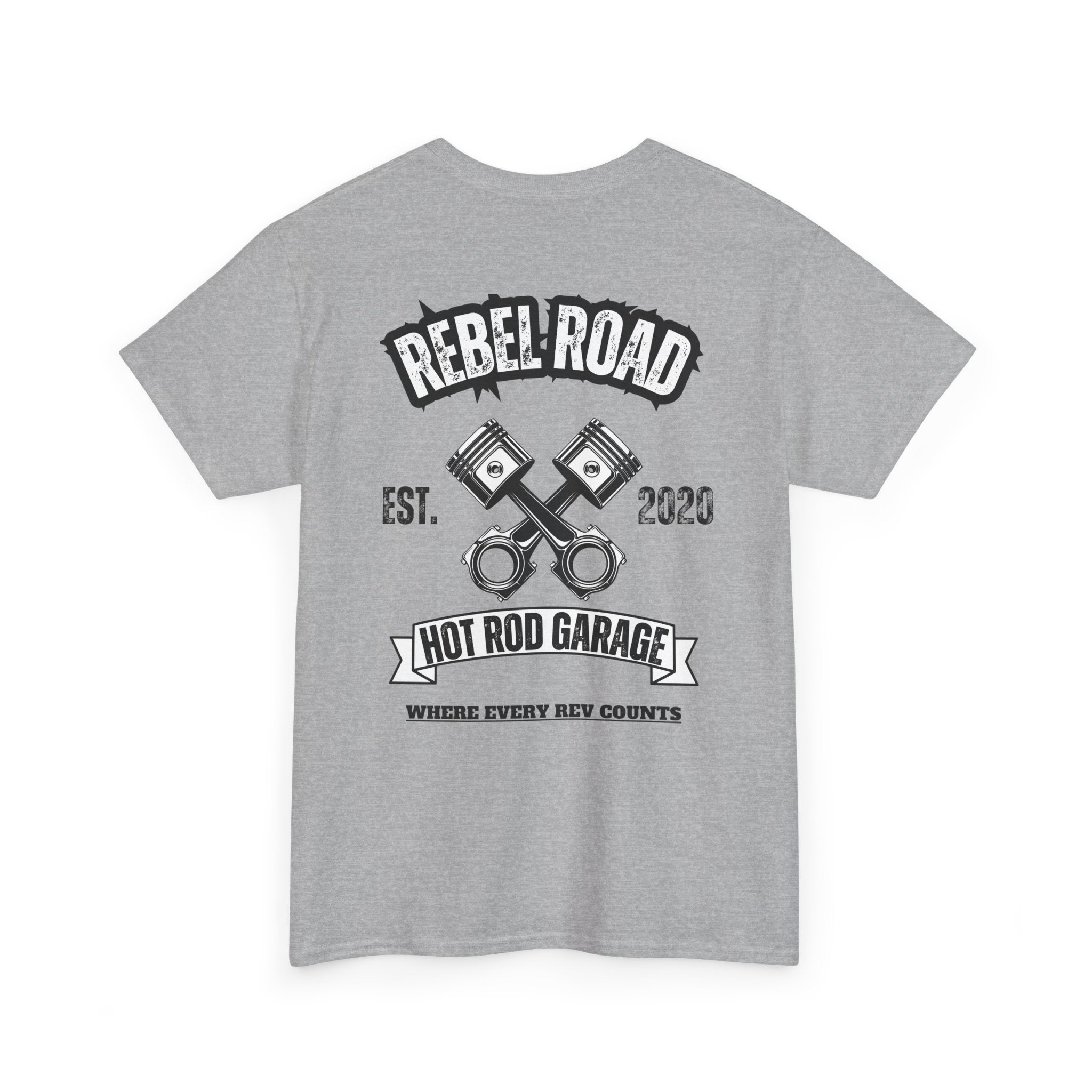 Hot Rod Garage T‑Shirt — Rebel Road Pistons Tee (Est. 2020)