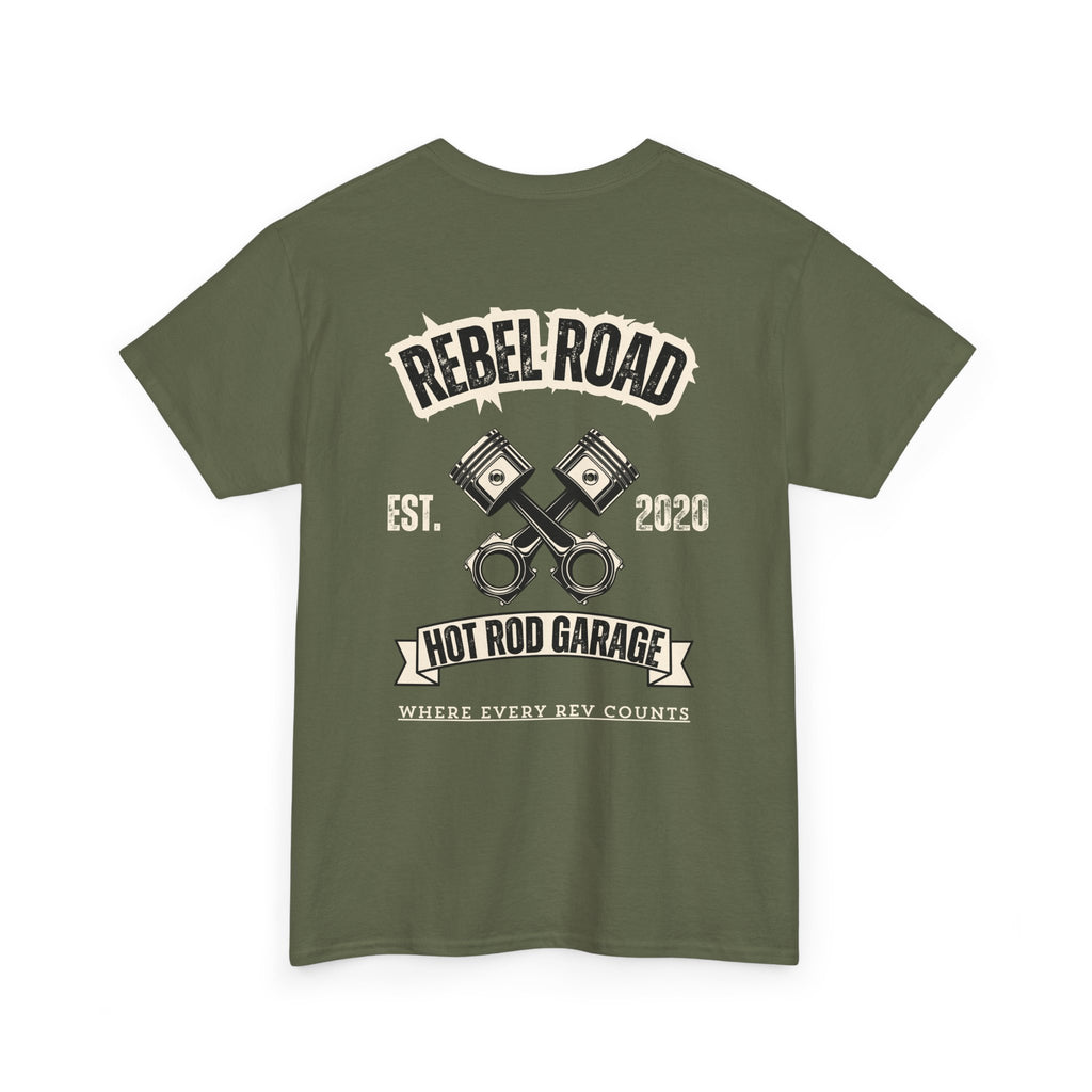Rebel Road Hot Rod Garage T-Shirt — "Where Every Rev Counts" Classic Car Tee