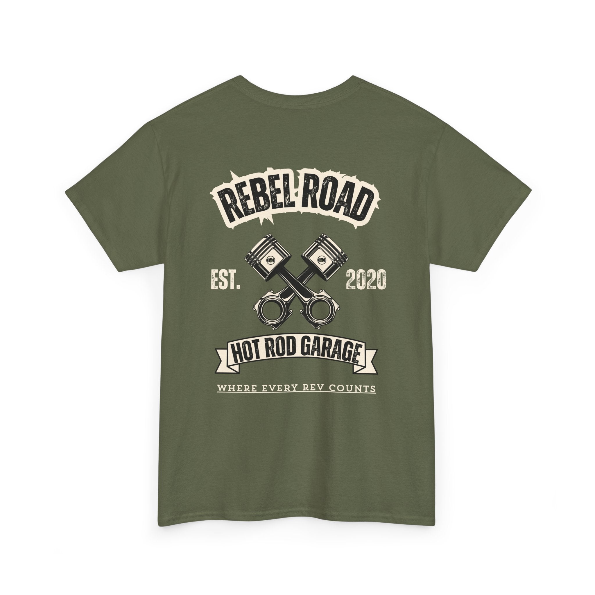 Rebel Road Hot Rod Garage T-Shirt — "Where Every Rev Counts" Classic Car Tee