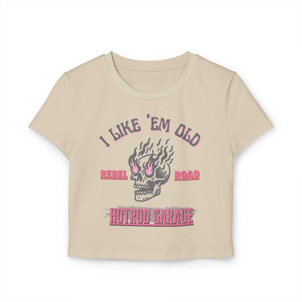 Women's Baby Tee — 'I Like 'Em Old' Flaming Skull Hotrod Garage Tee