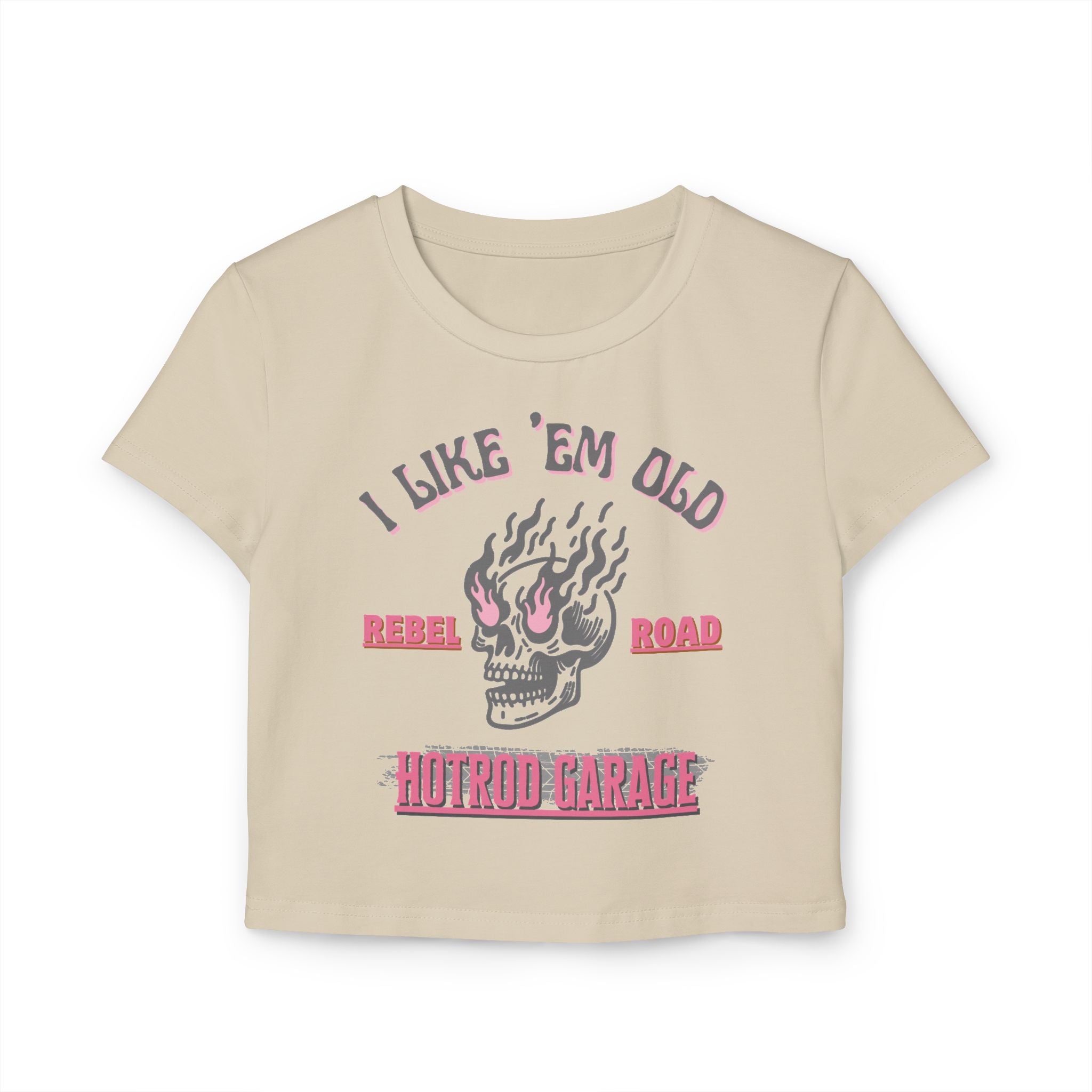 Women's Baby Tee — 'I Like 'Em Old' Flaming Skull Hotrod Garage Tee