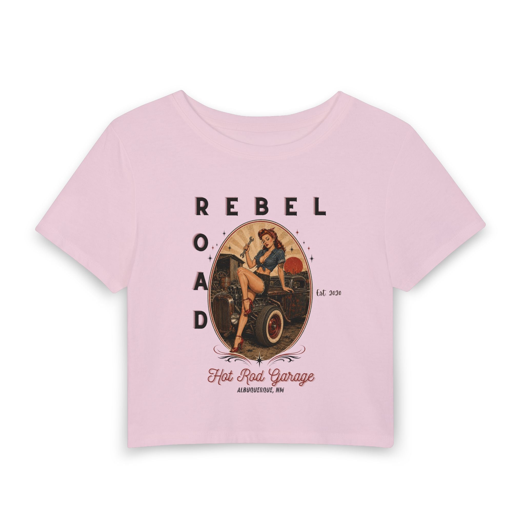 Rebel Road Women’s Baby Tee — Vintage Pinup Hot Rod Garage Graphic