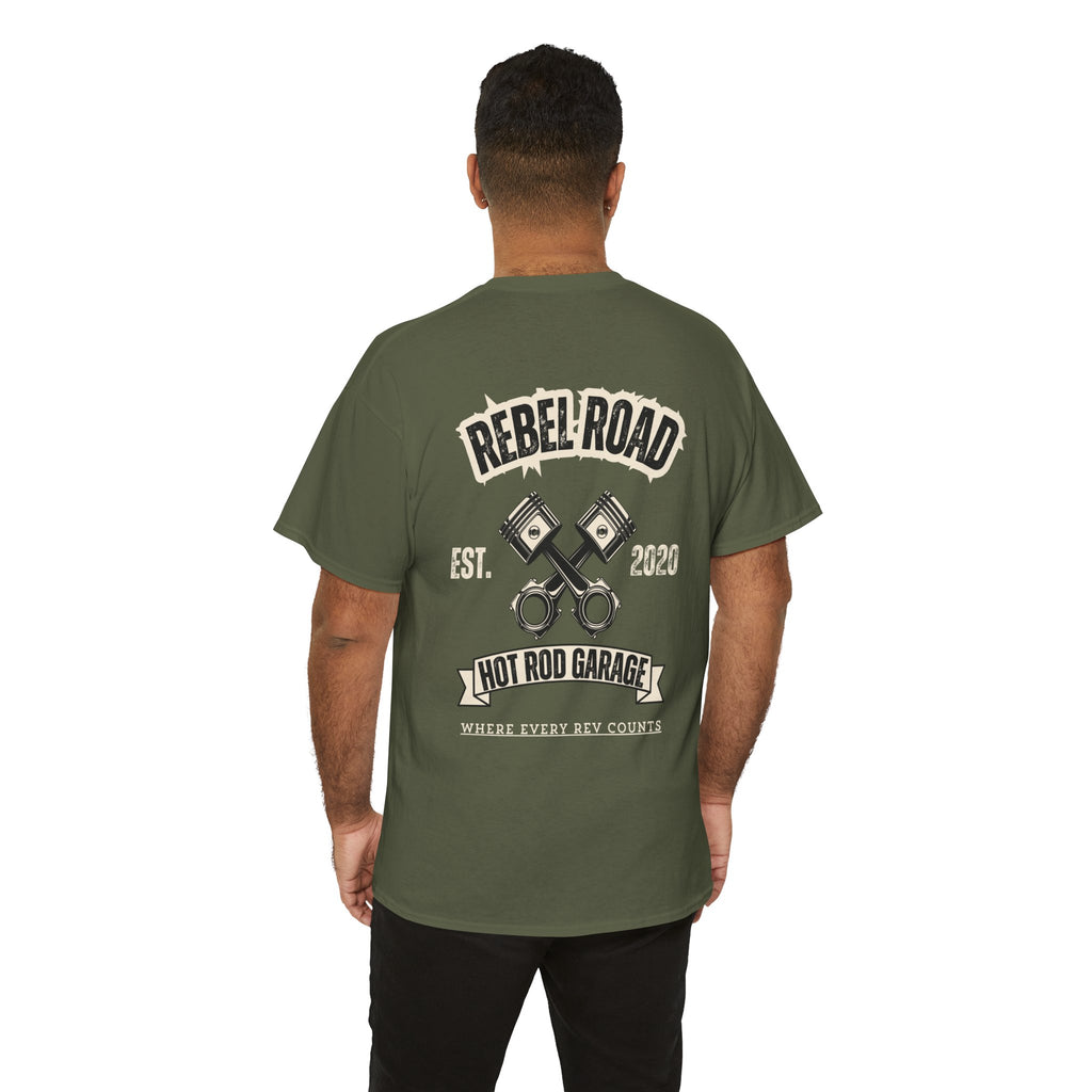 Rebel Road Hot Rod Garage T-Shirt — "Where Every Rev Counts" Classic Car Tee
