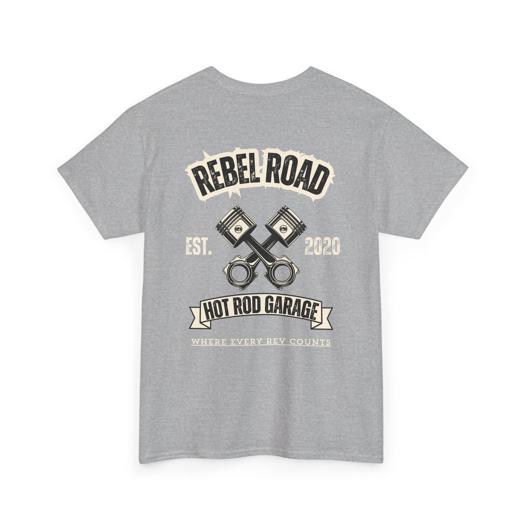 Rebel Road Hot Rod Garage T-Shirt — "Where Every Rev Counts" Classic Car Tee