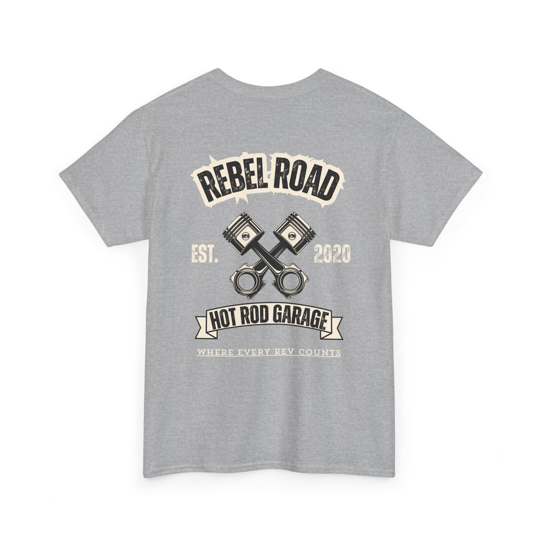 Rebel Road Hot Rod Garage T-Shirt — "Where Every Rev Counts" Classic Car Tee