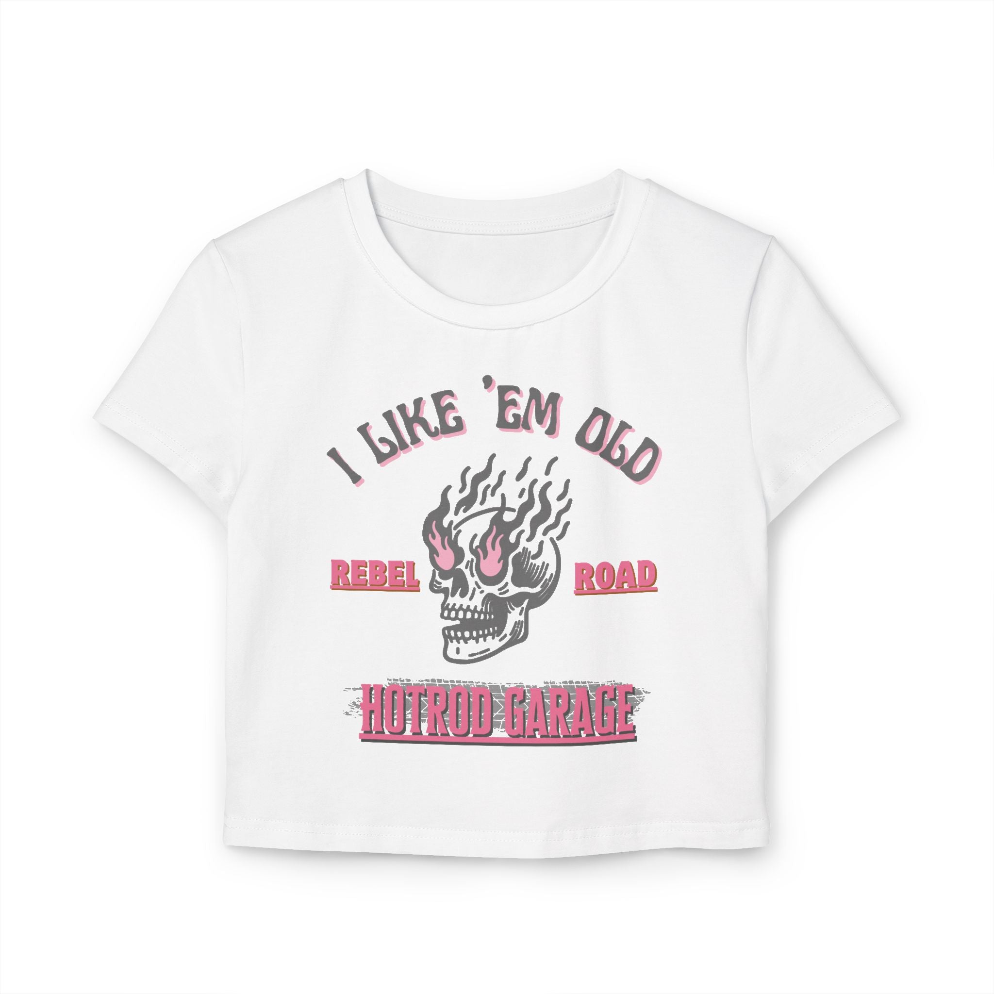 Women's Baby Tee — 'I Like 'Em Old' Flaming Skull Hotrod Garage Tee