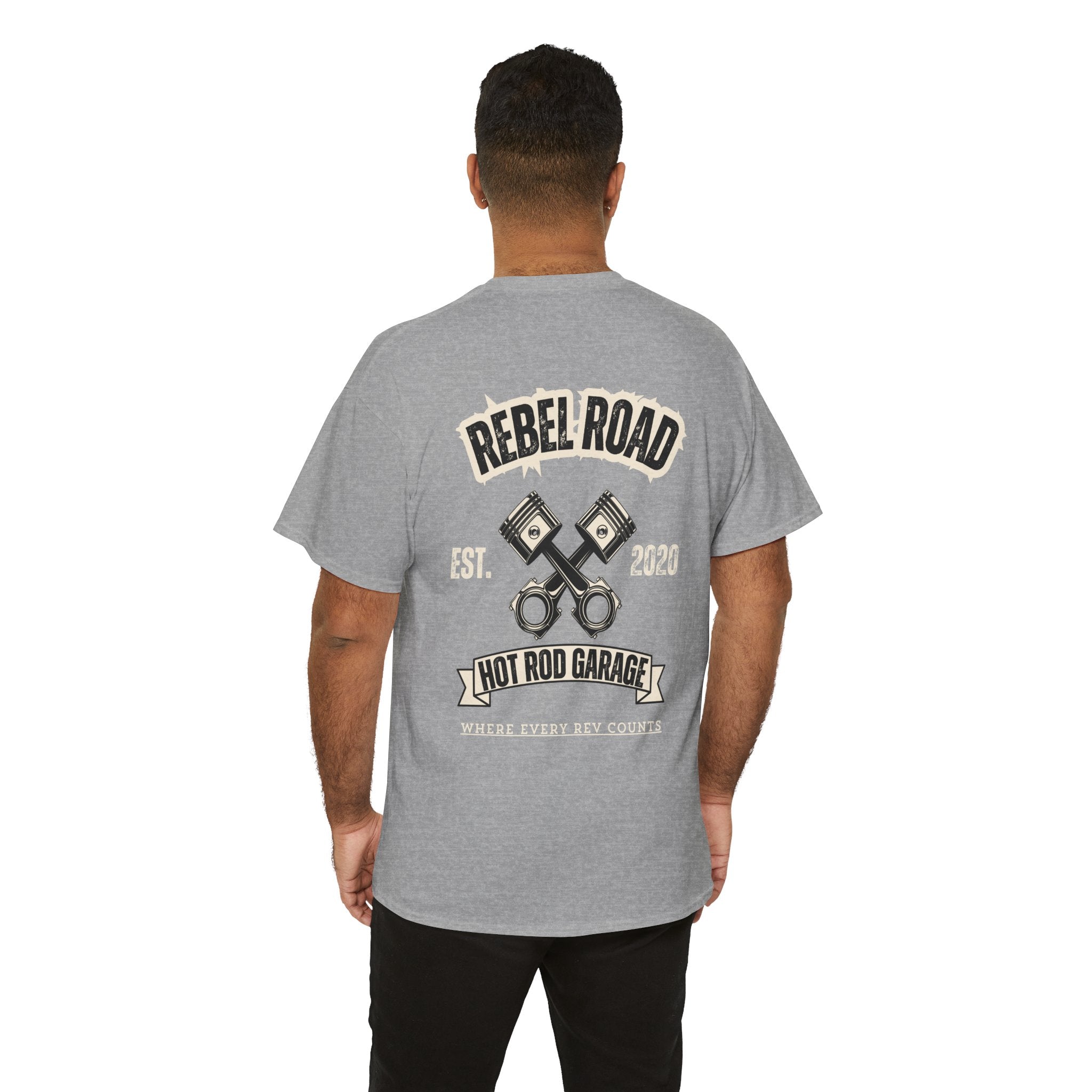 Rebel Road Hot Rod Garage T-Shirt — "Where Every Rev Counts" Classic Car Tee
